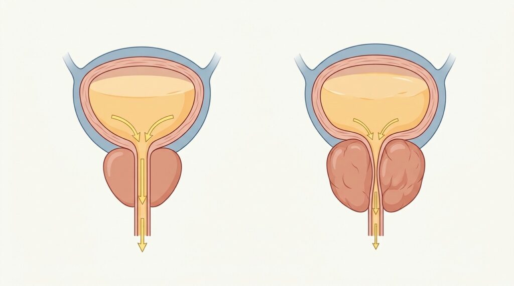O aumento da próstata pode comprimir a uretra e enfraquecer o jato de urina.
