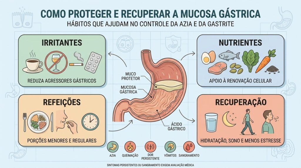 Irritantes, nutrientes, refeições e rotina influenciam a recuperação da mucosa gástrica.