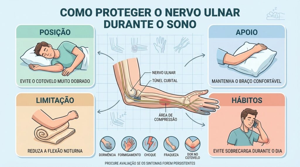 Quatro cuidados ajudam a reduzir a compressão noturna do nervo ulnar.
