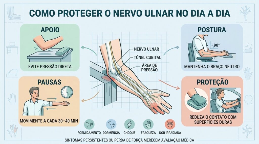 Apoio, postura, pausas e proteção reduzem a pressão sobre o nervo ulnar.