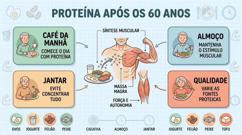 Café da manhã, almoço e jantar podem distribuir melhor o estímulo proteico muscular após os 60.