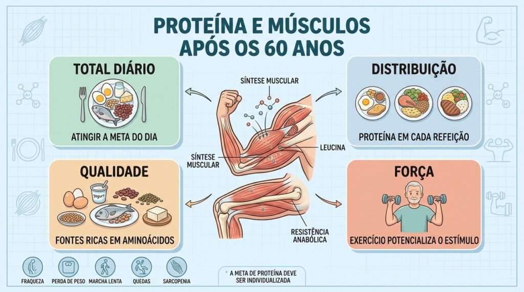 Total diário, distribuição, qualidade proteica e exercícios atuam juntos na preservação muscular.
