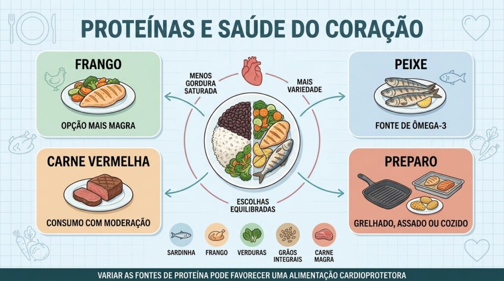 Frango, peixe, preparo adequado e variedade compõem escolhas mais favoráveis ao coração.