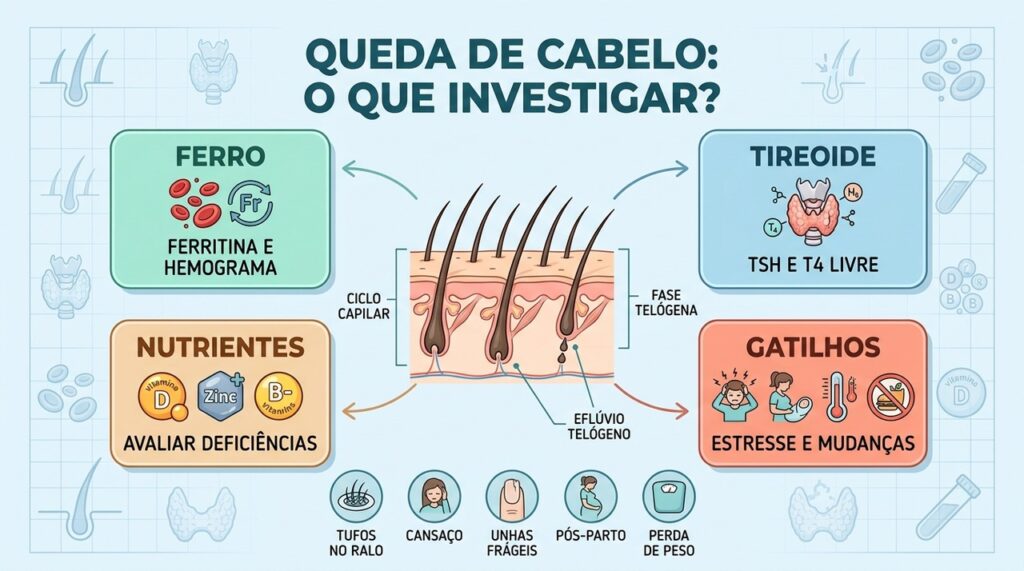 Tireoide, ferro, vitaminas e gatilhos físicos ajudam a investigar a queda capilar persistente.