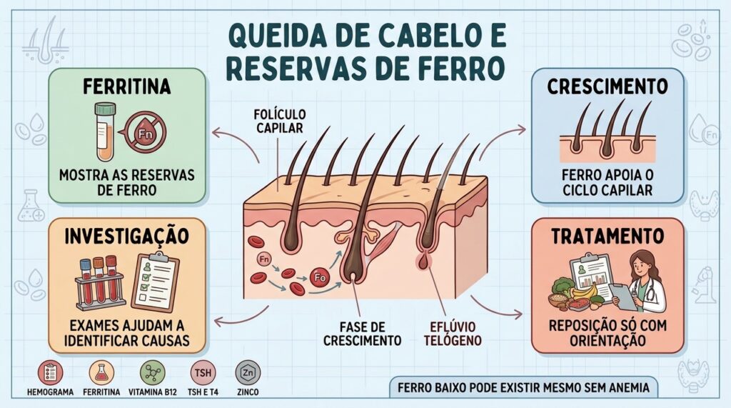 Ferritina, crescimento, exames e orientação médica ajudam a investigar a queda capilar.