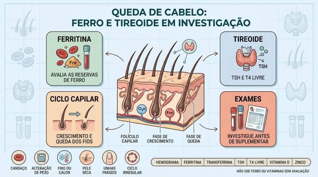 Ferritina, tireoide, ciclo capilar e exames ajudam a investigar a queda persistente.