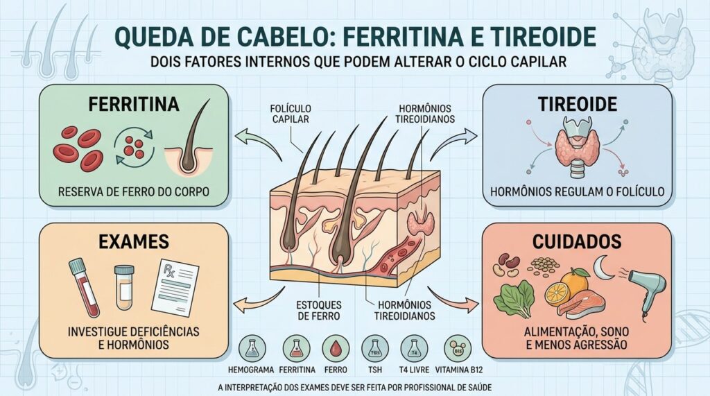 Ferritina, tireoide, exames e hábitos ajudam a esclarecer a queda capilar.