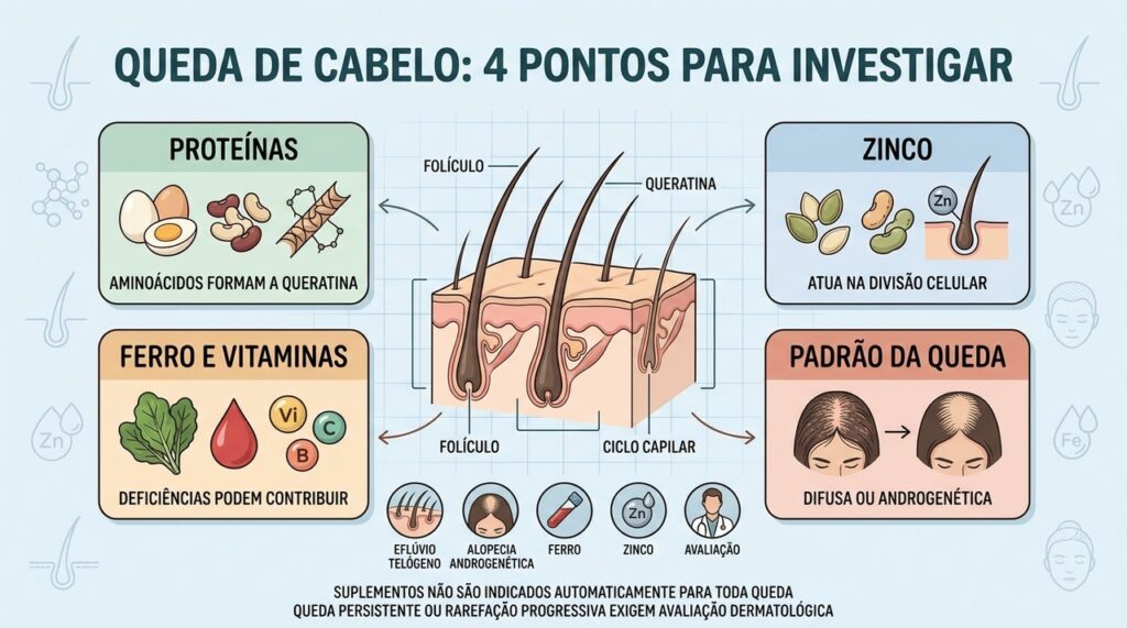 Proteínas, zinco, ferro e padrão da queda orientam a investigação capilar.
