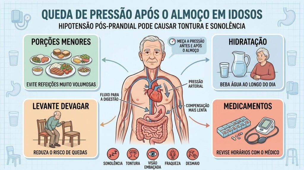 Porções menores, hidratação, levantar devagar e revisar remédios ajudam a prevenir quedas.