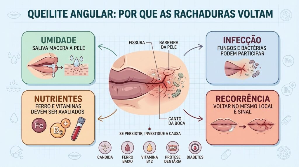 Umidade, infecção, nutrientes e recorrência ajudam a explicar a queilite angular persistente.