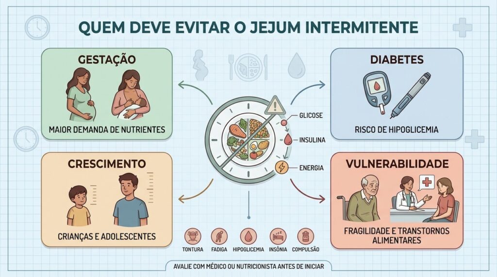 Gestação, diabetes, crescimento e fragilidade exigem atenção antes de iniciar o jejum.