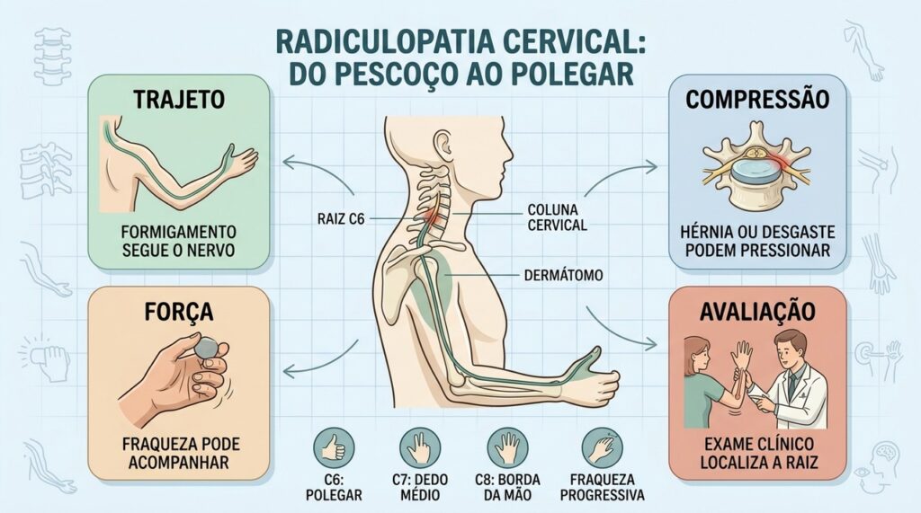 Trajeto, compressão, força e exame clínico ajudam a localizar a raiz afetada.