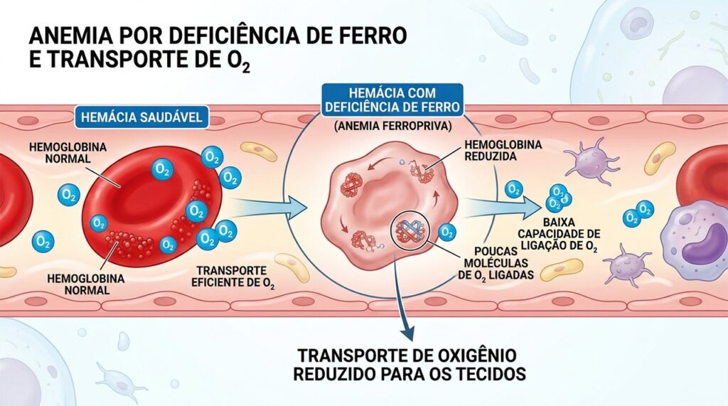 A falta de ferro pode reduzir a hemoglobina e dificultar o transporte adequado de oxigênio pelo sangue.
