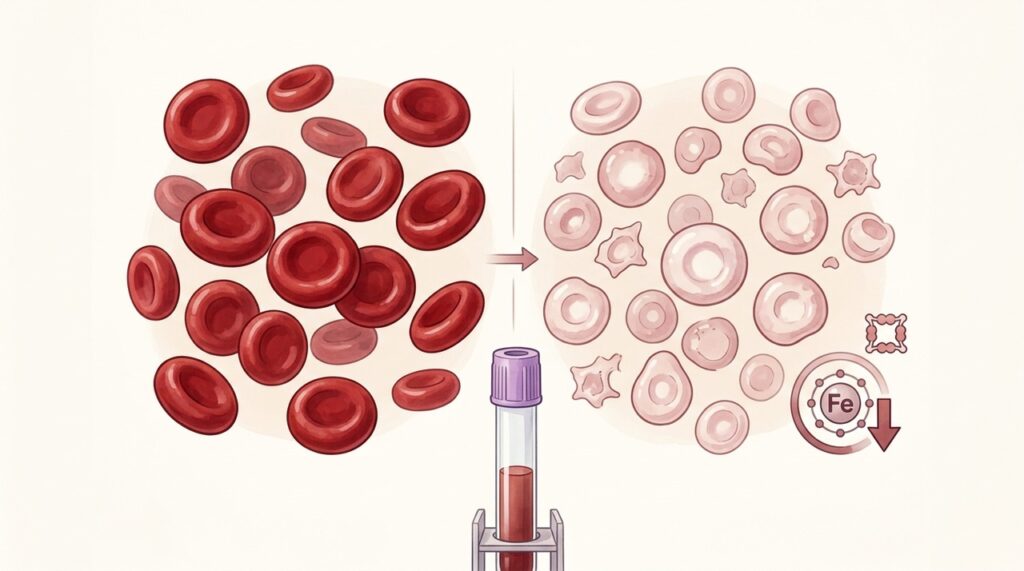 Hemograma e ferritina ajudam a confirmar a anemia e avaliar as reservas de ferro.