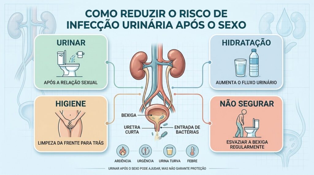 Urinar, hidratar-se, manter higiene adequada e não segurar a urina reduzem riscos.