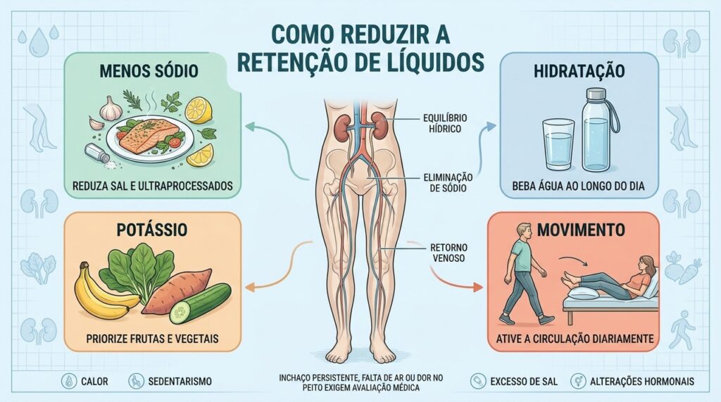 Menos sódio, boa hidratação, potássio e movimento ajudam no controle da retenção hídrica.