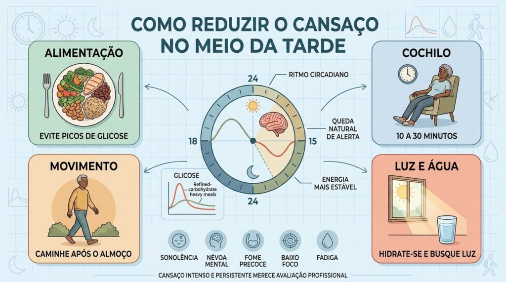 Alimentação equilibrada, cochilo curto, movimento e luz ajudam a vencer o cansaço vespertino.