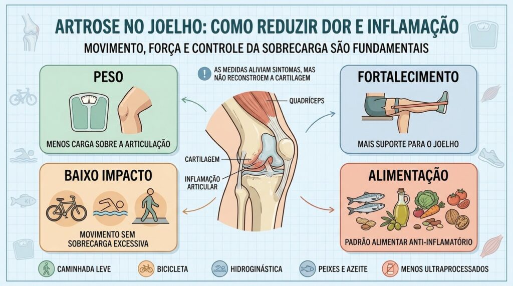 Controle do peso, fortalecimento, baixo impacto e alimentação ajudam no manejo da artrose.