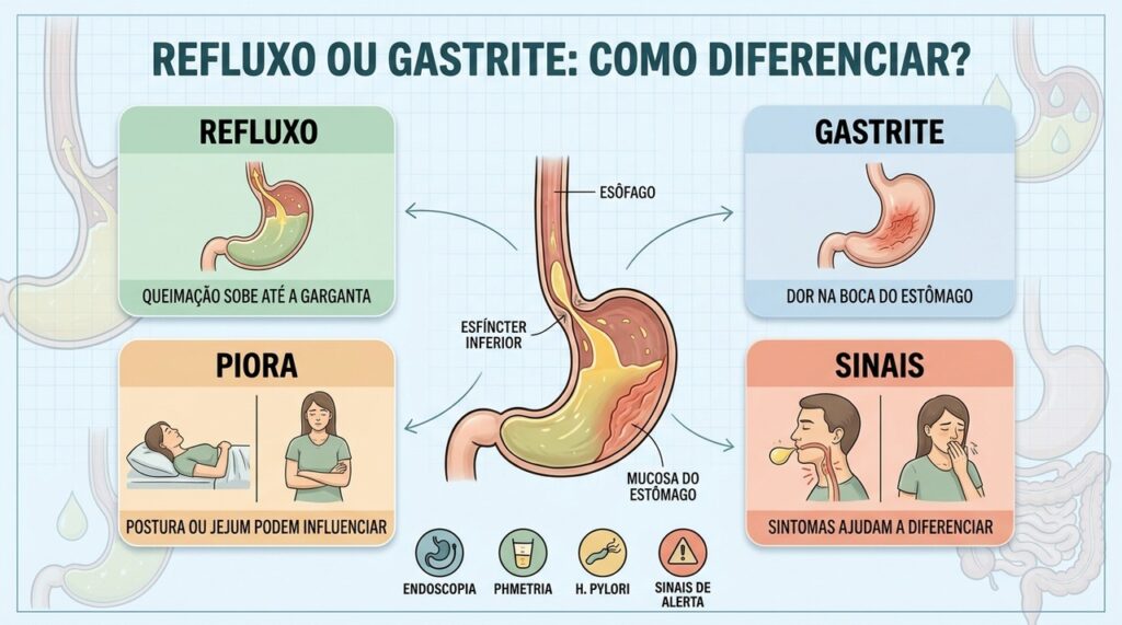 Local da queimação, postura, jejum e sintomas associados ajudam a diferenciar refluxo e gastrite.