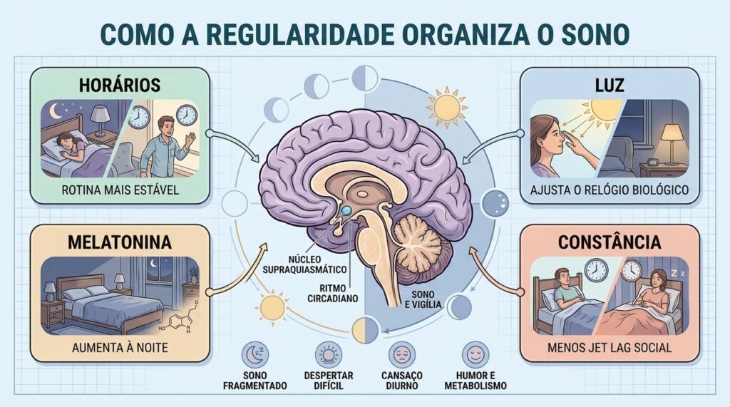 Horários, luz, melatonina e constância ajudam a sincronizar o ritmo circadiano.