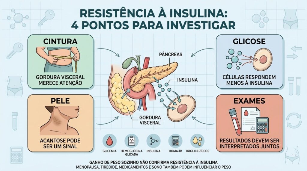 Cintura, sinais físicos e exames ajudam a investigar resistência à insulina.