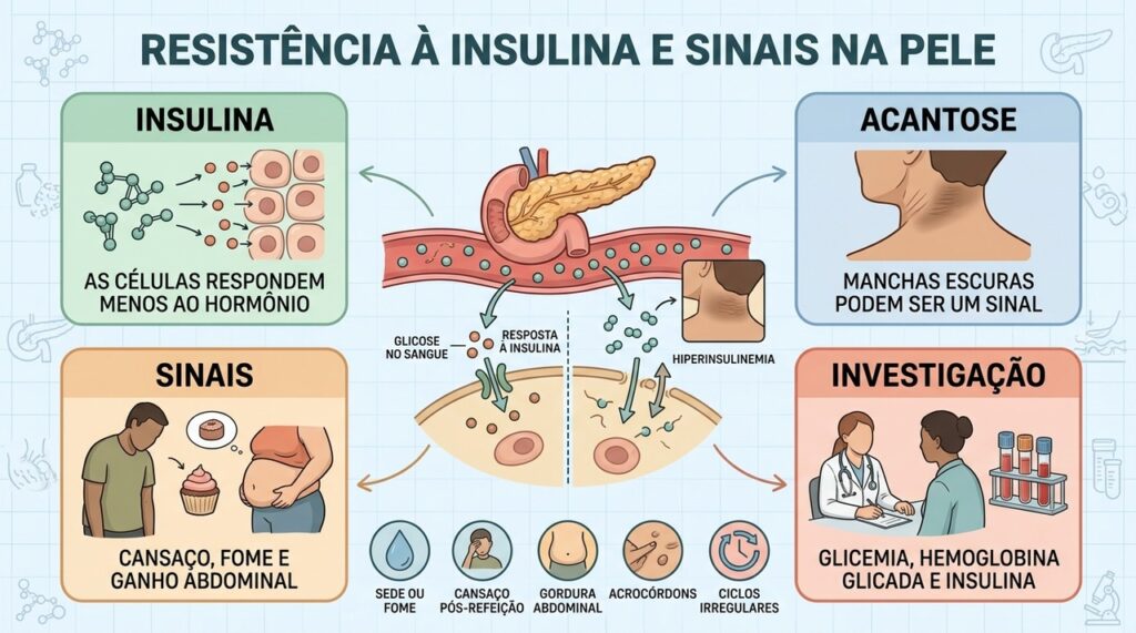 Insulina, acantose, sinais metabólicos e exames ajudam a investigar resistência à insulina.