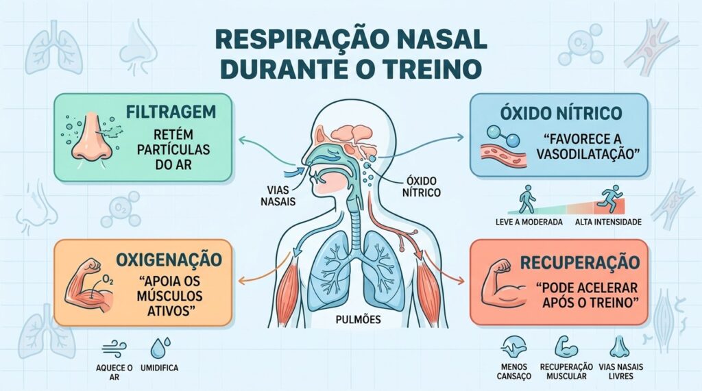 Filtragem, óxido nítrico e oxigenação explicam possíveis benefícios da respiração nasal no treino.
