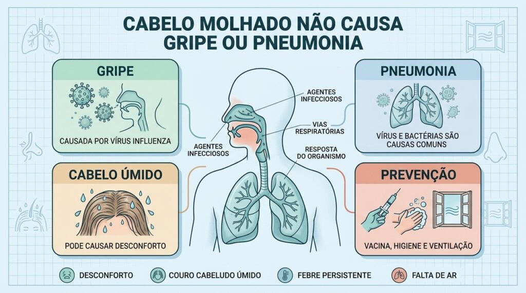 Gripe e pneumonia são infecções; cabelo molhado causa apenas desconfortos em alguns casos.