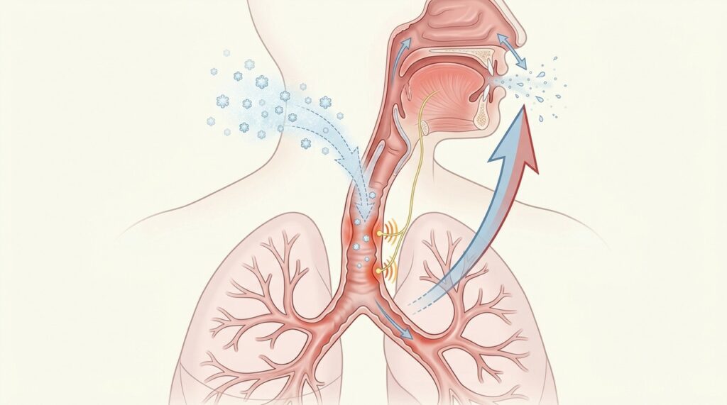 A irritação residual das vias respiratórias pode desencadear tosse ao falar, rir ou respirar ar frio.