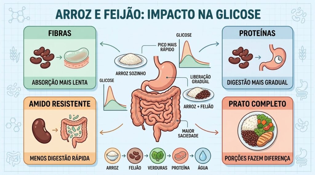 Fibras, proteínas, amido resistente e porções modulam a resposta glicêmica da refeição.