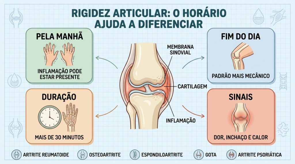 Rigidez nas articulações pela manhã ou no fim do dia pode seguir padrões diferentes. Entenda como o horário ajuda a identificar possíveis causas.