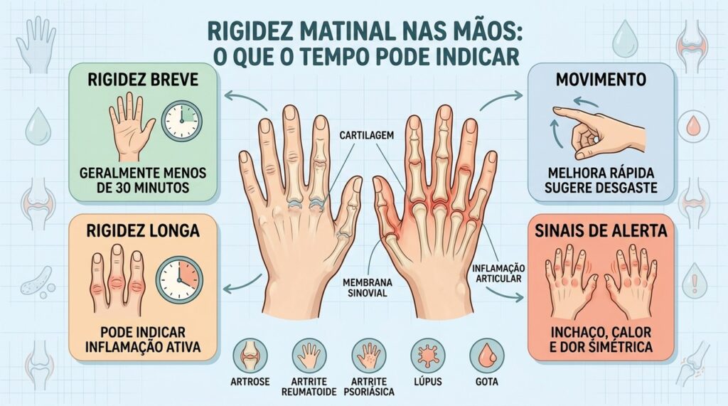 Duração, inchaço e simetria ajudam a distinguir causas da rigidez matinal.