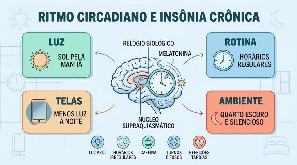 Luz, rotina e ambiente ajudam a sincronizar o ritmo circadiano e favorecer o sono.