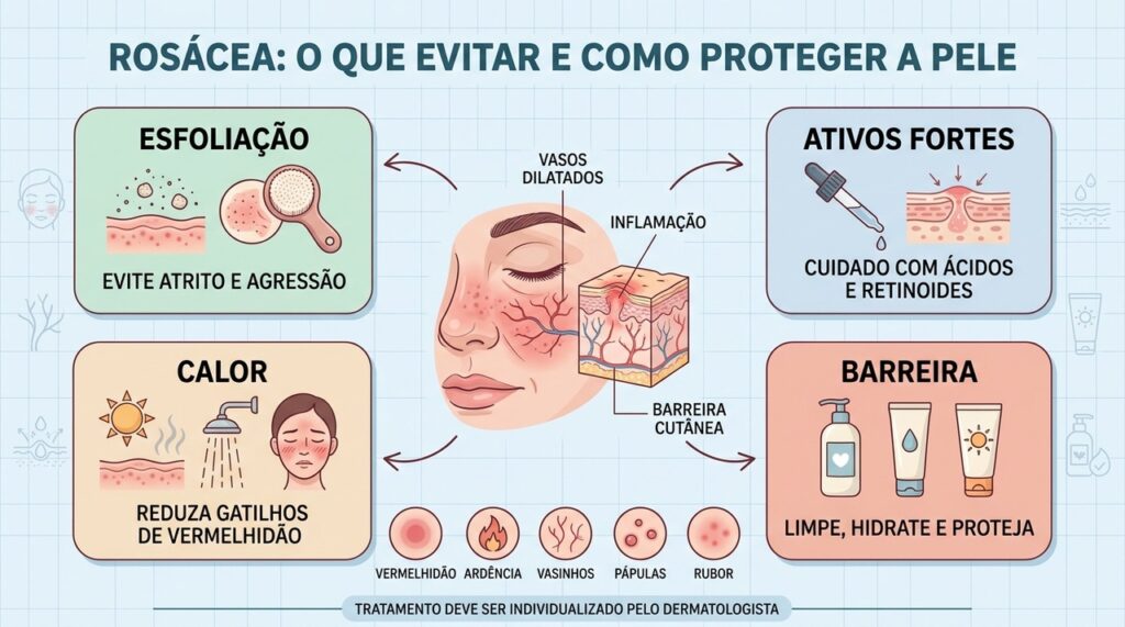 Rosácea exige menos agressão, controle de gatilhos e proteção constante da barreira cutânea.