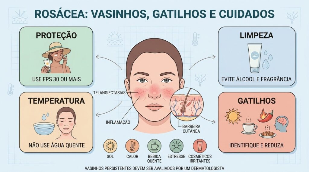 Proteção solar, limpeza suave, temperatura adequada e controle de gatilhos ajudam na rosácea.