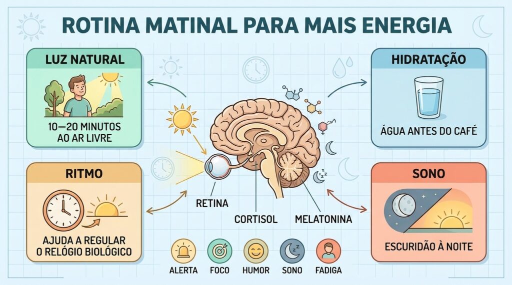 Luz, água, ritmo circadiano e sono formam uma rotina para combater a fadiga matinal.