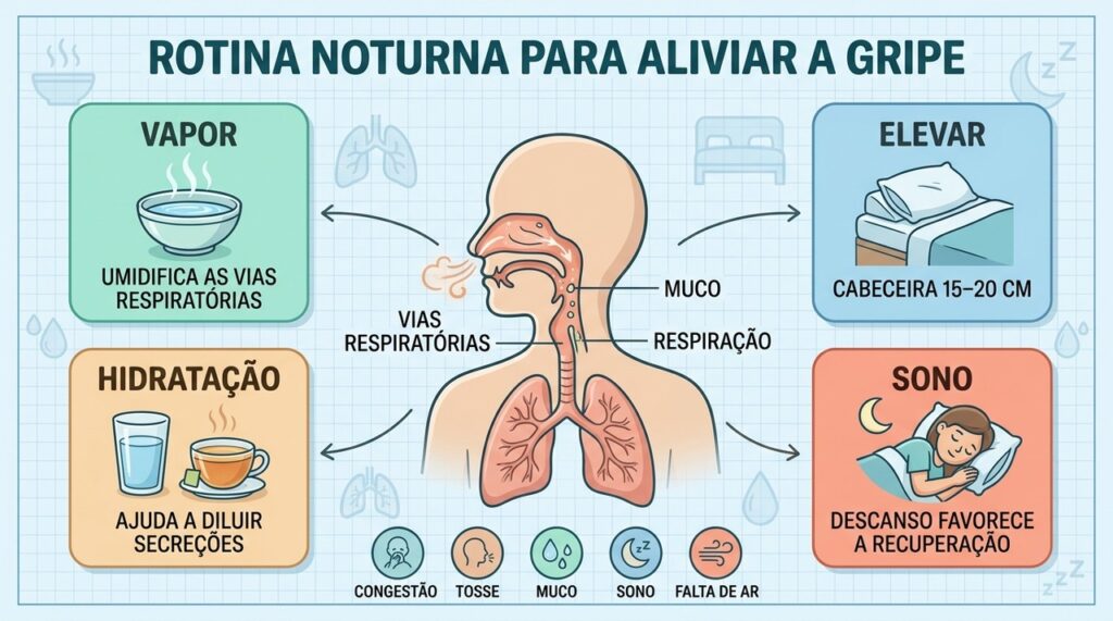 Vapor, cabeceira elevada, hidratação e sono formam uma rotina noturna de alívio.