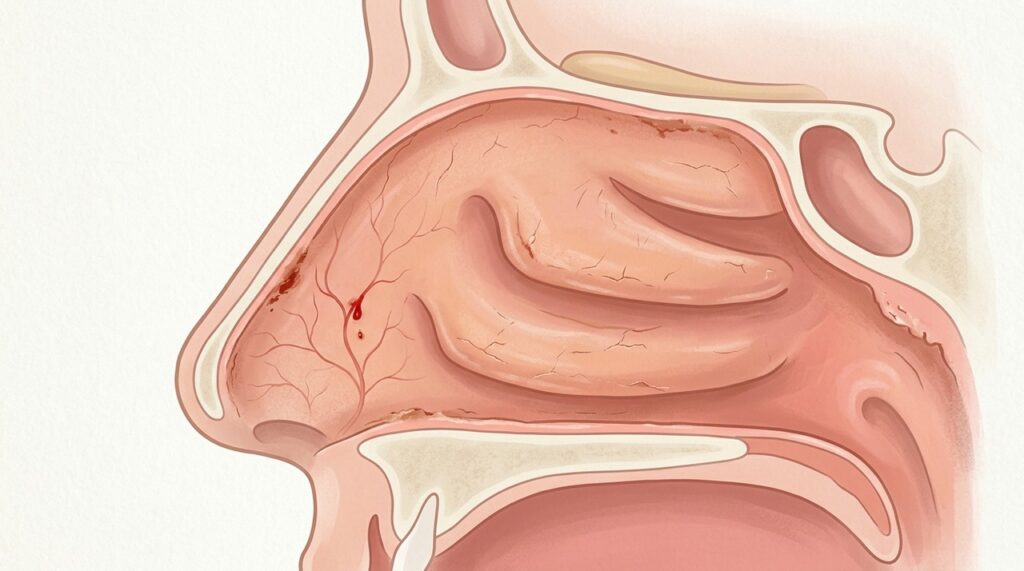 O ressecamento da mucosa pode facilitar a ruptura de pequenos vasos sanguíneos do nariz.
