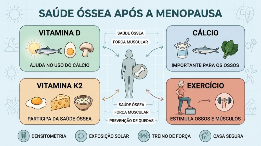 Vitamina D, cálcio, K2 e exercícios fazem parte do cuidado ósseo.