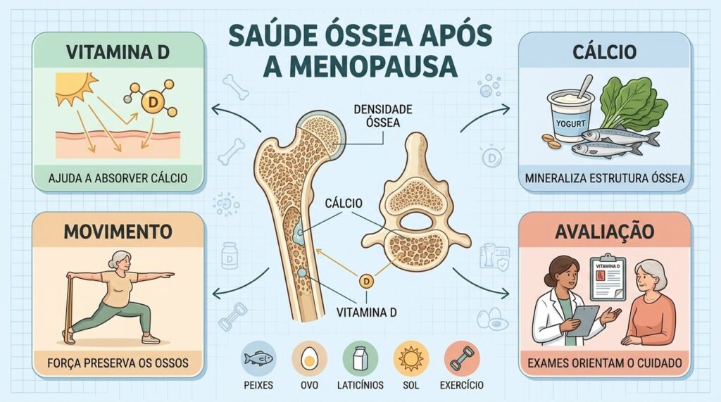 Vitamina D e cálcio trabalham juntos, enquanto exercício ajuda a preservar a densidade óssea.