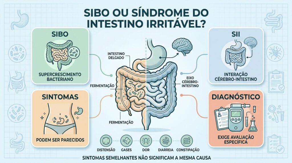 SIBO e SII compartilham sintomas, mas diferem em causa, diagnóstico e tratamento.