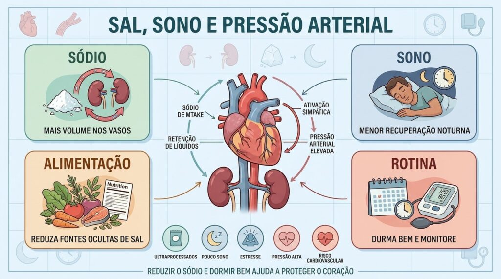 Sódio, sono, alimentação e rotina influenciam diretamente o controle da pressão arterial.