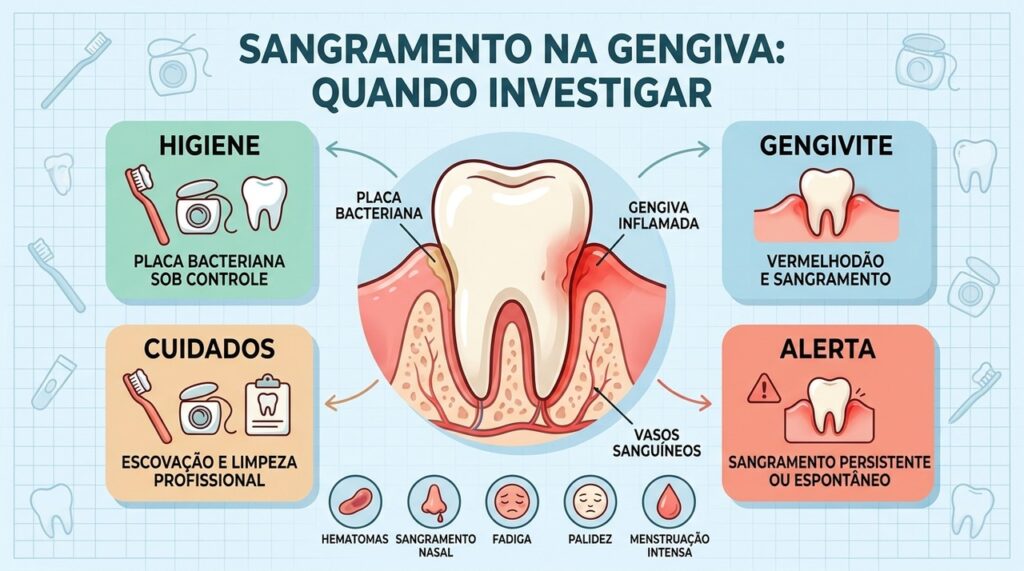 Higiene, gengivite e sinais sistêmicos ajudam a diferenciar causas do sangramento gengival.