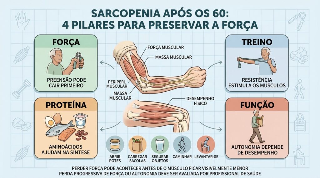 Força, treino, proteína e função ajudam a preservar autonomia após os 60.