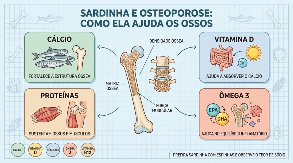 Cálcio, vitamina D, proteínas e ômega 3 explicam o valor ósseo da sardinha.