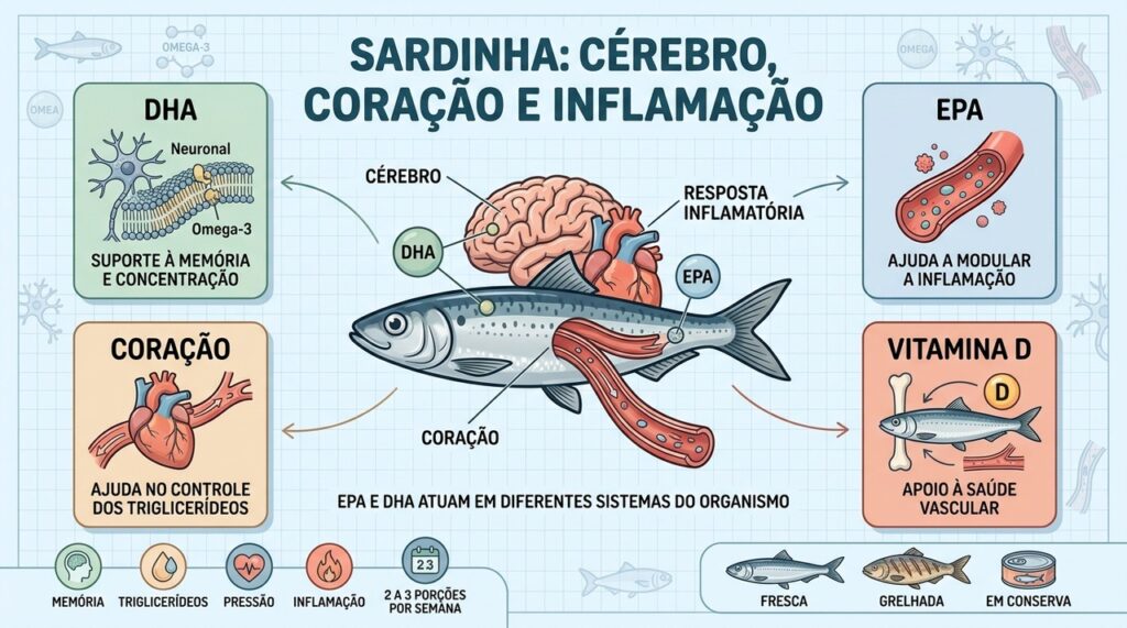 DHA, EPA, vitamina D e proteínas apoiam cérebro, coração e inflamação.