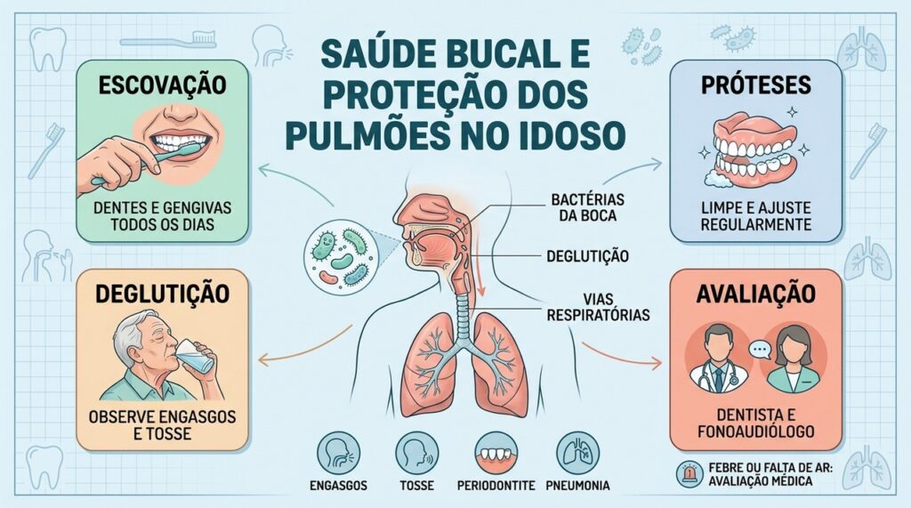 Higiene bucal, próteses limpas e deglutição segura ajudam a proteger os pulmões dos idosos.
