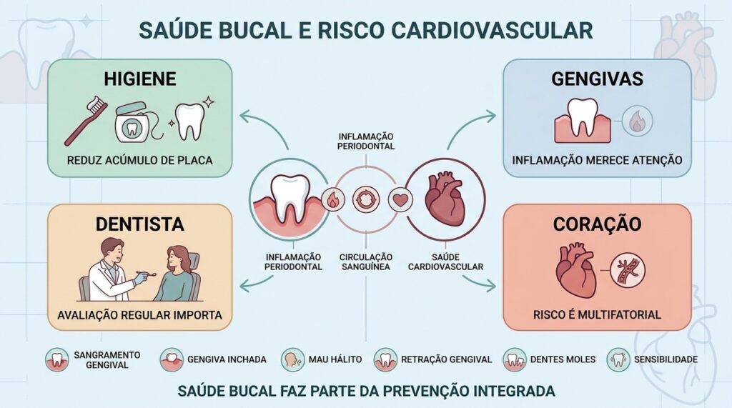 Higiene, gengivas, acompanhamento odontológico e prevenção integrada conectam boca e coração.