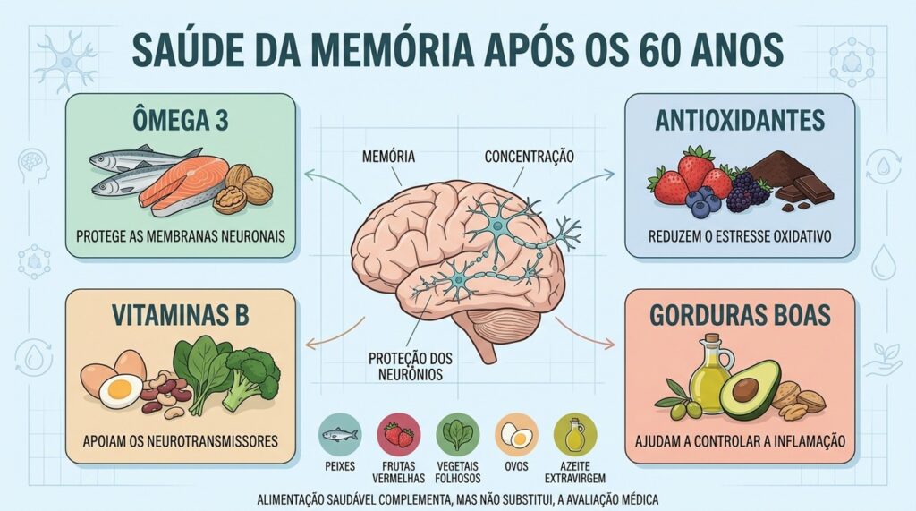 Ômega 3, antioxidantes, vitaminas B e gorduras boas sustentam a saúde cerebral.