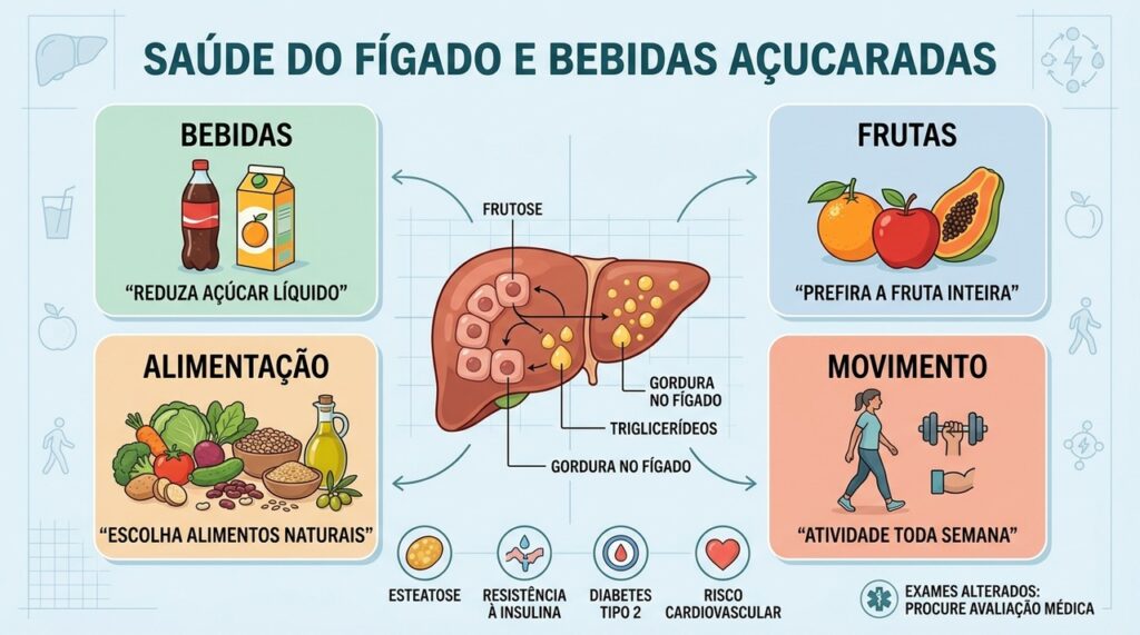 Quatro pilares ajudam a reduzir a gordura hepática: bebidas, frutas, alimentação equilibrada e movimento.